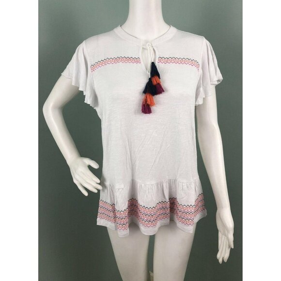 NWT Women's Neiman Marcus White Embroidered Tassel Tie Top Sz Large - Picture 1 of 10